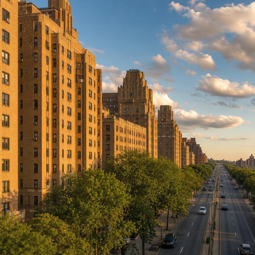 Tree-lined Grand Concourse boulevard in the Bronx with classic art deco apartment buildings