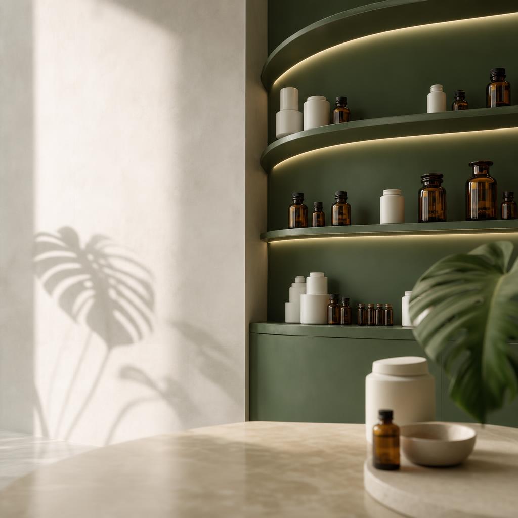 Modern pharmacy interior with curved green backlit shelves of amber bottles and white jars beside a sunlit cream wall