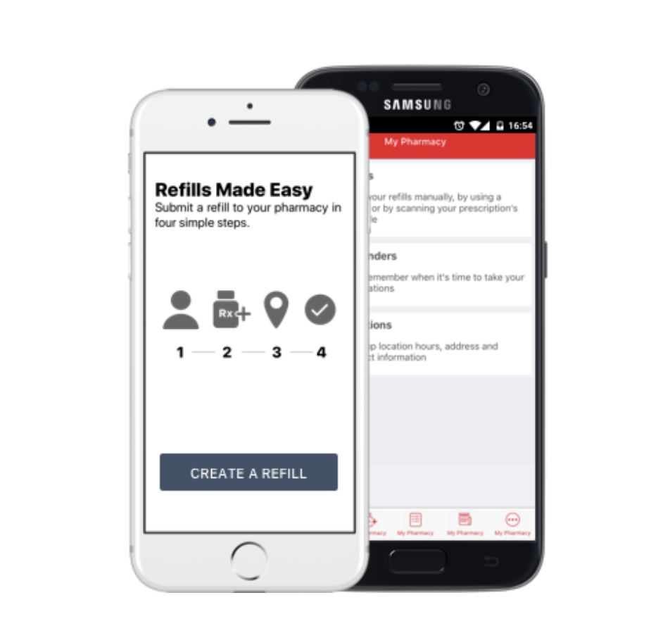 My Community Pharmacy mobile app shown on iPhone and Android phones