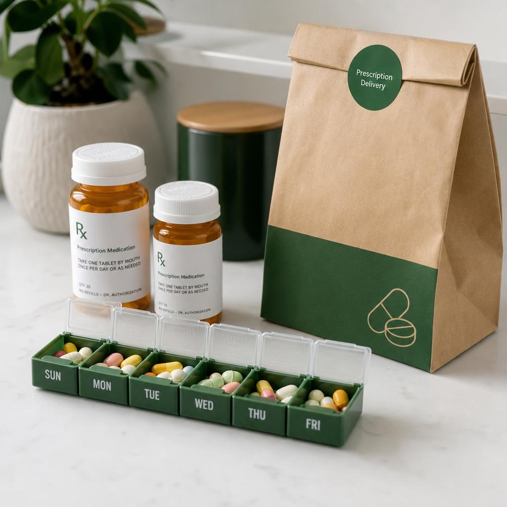 Weekly pill organizer beside prescription bottles and a delivery bag on a counter